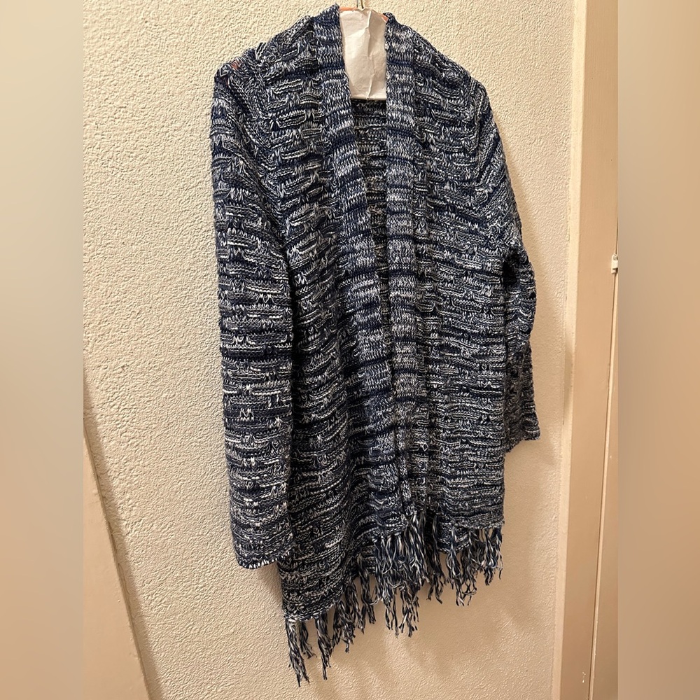 Chico’s Cardigan Women’s Blue Marled Knit Cardigan Cotton Blend With Fringe Sz L